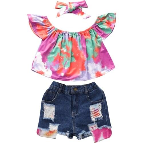 Kids Baby Girls Fashion 3-piece Summer casual Outfit Tie-dye short sleeve Tops Ripped Denim Hole pocket Shorts bow Headband Set