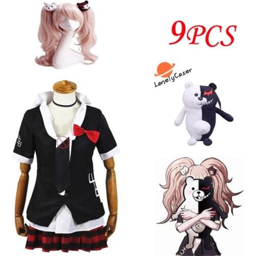 Danganronpa Enoshima Junko Anime Cosplay Costumes Skirt Shirt Toy Pink Wig with Clip Heat Resistant Wig Bear Hairpins Halloween