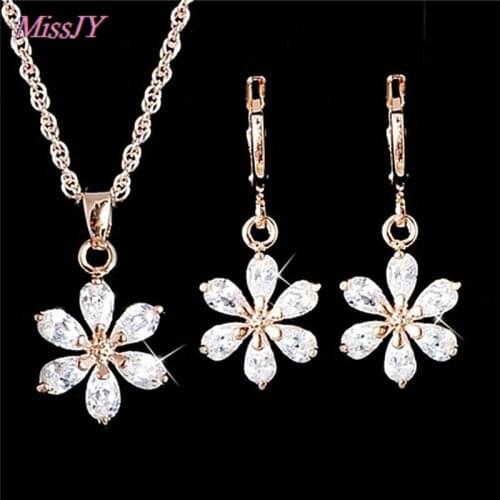 Fashion Flower Jewelry Sets Wedding Crystal Pendant Necklace Women Stud Earrings Stones