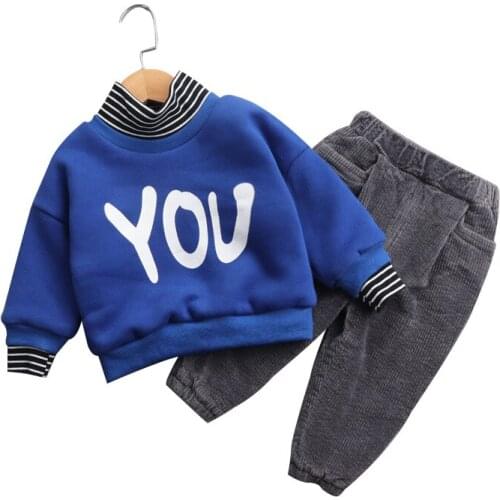 Baby suits baby boys and girls autumn and winter letters plus velvet sweater suits baby boys thick warm high-neck sweater suits