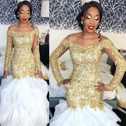 Long Sleeve Lace Mermaid Wedding Dresses African Organza Layered Ruffles Bridal Party Gowns For Arabic Women