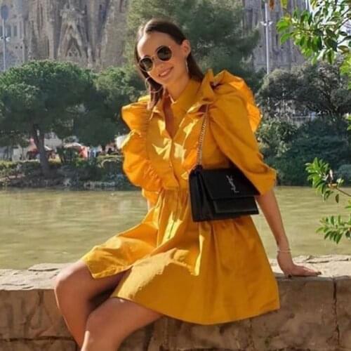 Ardm Fashion Shirt Collar Ruffled With Button Spring SUmmer Dress Elegant Shredded Pleats Mini Dress