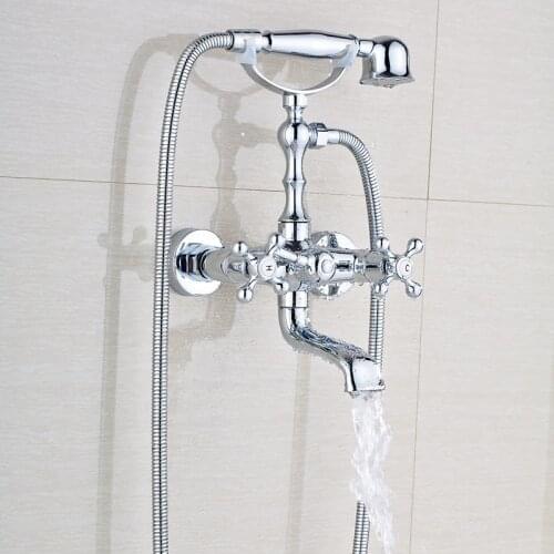 Wall Mounted Brass Bathtub Faucet Polished Chrome Dual Handles Swivel Spout Bath Tub Mixer Tap with Hand Shower Sprayer