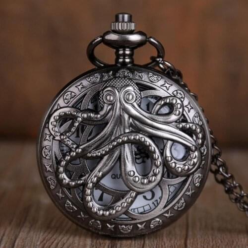Octopus Hollow Hunter Black Quartz Pocket Watch Steampunk with Necklace Chain Gift for Kids CF1173