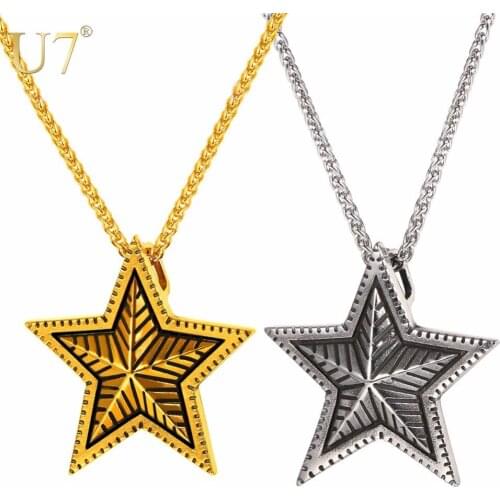 U7 Necklace Big 3D Pentagram Stars Stainless Steel Pendant & Chain Gold Color Christmas Gift Trendy New Jewelry Necklaces P1143