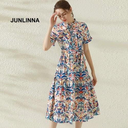 Retro Printing Dress 2021 Fashion New Summer Expansion Vestidos Stand Collar Short Sleeve Sliming Midi Dresses