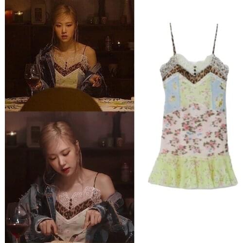 Kpop Korean Celebrity ROSE Summer Sexy Strapless Patchwork Dress Women Plus Size V-neck Lace Sling Slim Party Backless Dresses