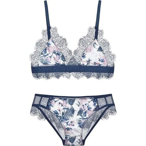 Sexy Silk eyelash lace Bra and Panty Set Women Luxury Lingerie Underwear Wire-Free Ultra-Thin French Triangle Cup Bralette