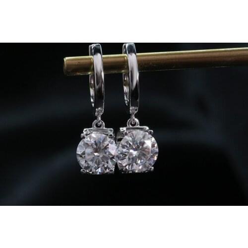 AEAW Solid 14k White Gold 6.5mm 1.0ct Total 2.0ctw Round Cut Bridal Dangle Moissanite Drop Earring for Women