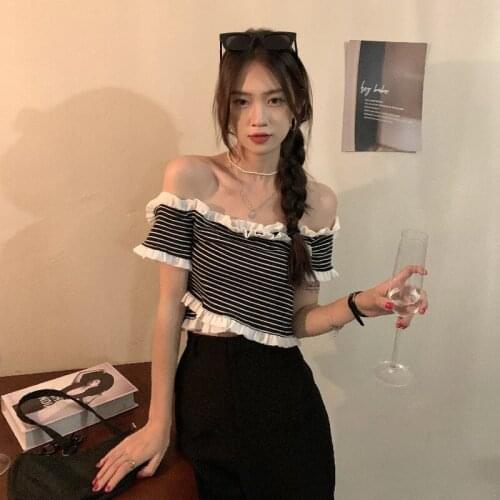 Top Striped Cross-neck Short-sleeved T-shirt Women Summer New Korean Version of The Slim Slim All-match Shirt