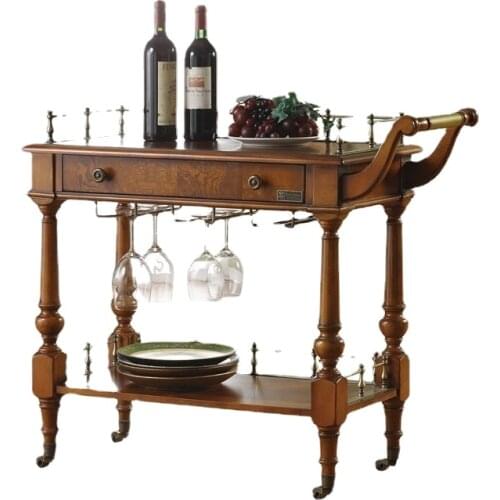 Villa Furniture Wine Dining Car Solid Wood Multi-Functional Mobile Cart American Country Wine Dish Wine Storage Rack
