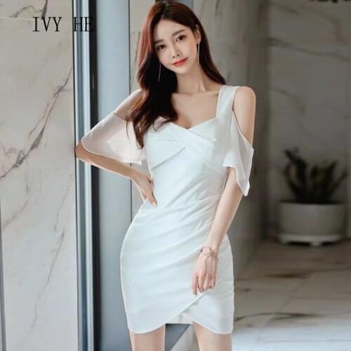 IVY HE High Quality Summer Dress Woman Clothing Korean Slim Waist Sexy Off Shoulder Mini Wrap Arm White Midi Party Dresses ZAfu