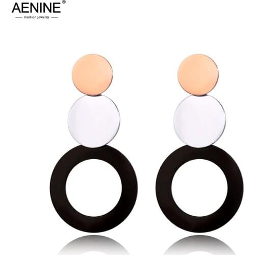 AENINE Hyperbole Stainless Steel Black/Rose Gold Combined Circle Stud Earrings Bohemia Style Creative Jewelry For Women AE19101