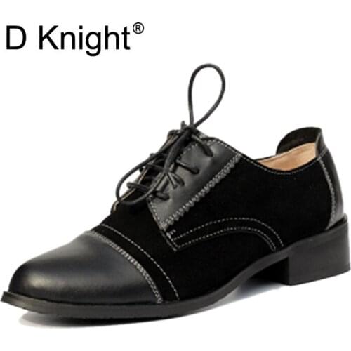 Plus Size 32-43 Women Brogue Oxfords Shoes Handmade Genuine Leather Oxford Shoes For Women British Casual Square Heels Sneakers