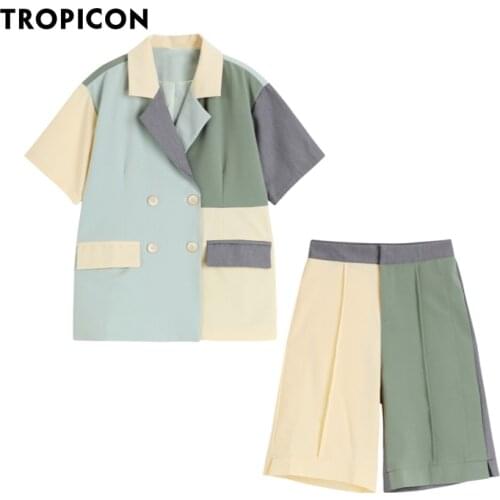 TROPICON Color Block Green Summer Blazer Women Short Sleeve Blazer Suit Jacket Double Breasted Coat Korean 2020 Fashion