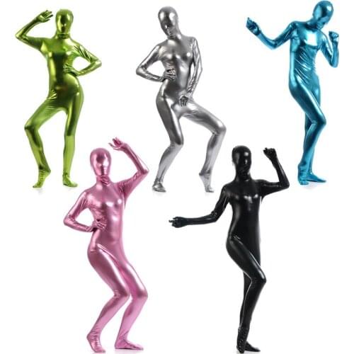 Womens Metallic Shiny Spandex Skinny Full Bodysuit Sexy Wet Look Zentai Suit Catsuit One Piece Stretch Bodystockings Costumes
