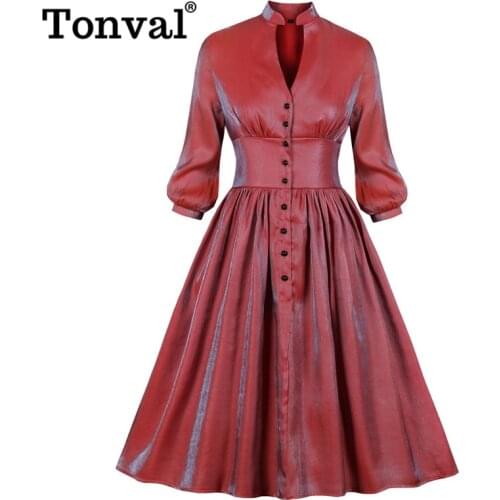 Tonval Red High Waist Deep V Neck Single Breasted Midi Glitter Dresses Women Party Night Autumn Ruched Vintage Pleated Dress