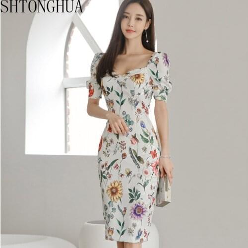 2020 Summer New Dress Women White Print Square Neck Short sleeve Pencil Dresses Sexy Party Vintage Bodycon Dresses Vestidos