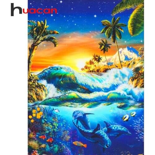 Huacan Diamond Embroidery Mosaic Landscape Waves 5D DIY Diamond Painting Dolphin Picture Of Rhinestones Home Decor