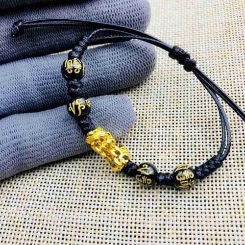 Unisex Feng Shui Obsidian Stone Beads Bracelet Rope Wristband Gold Pixiu Wealth Health Rich Good Luck Bracelet For Women Men