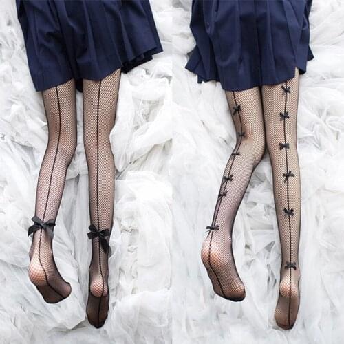 DOIAESKV Sexy Women Vintage Pantyhose Summer Nylon Bowknot Japanese Kawaii Tights Girls Lovely Black Mesh Fishnet Slim Net Tight