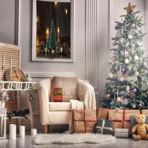 Tapestry Small Pine Trees Cones Decorating Balls on Wooden Table Christmas Theme Photo Brown Green