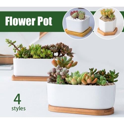 Succulent Plant Pot Square Ceramic Pot Room Decorate Flowerpot Set With Bamboo Support For Desktop