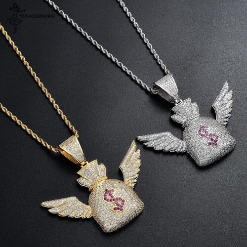 Hip Hop Angel Wing US Dollar Purse Money Bag AAA CZ Zircon Stone Setting Bling Iced Out Pendants Necklace For Men Rapper Jewelry