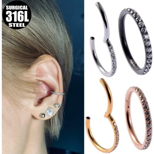 316L Surgical Steel Hinged Segment Hoop CZ Stone Nose Ring Clicker Ear Cartilage Tragus Helix Lip Earring Piercing Body Jewelry