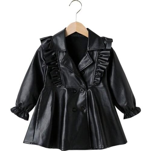 New Fashion Girls Clothe Double Breasted Leather Trench Outwear Pu Jacket Children Clothing Fall Clothes for Toddler Girls