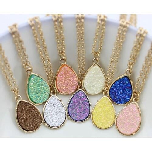 ZWPON Fashion Colorful Druzy Teardrop Necklace Teardrop Resin Pendant Necklace for Woman Jewelry Wholesale