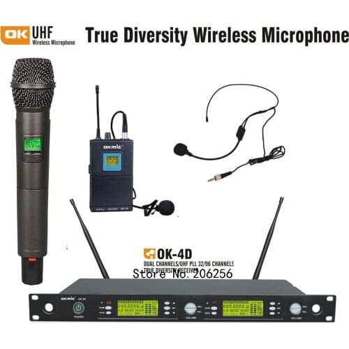 OKMIC OK-4D/2H 1B dual professional UHF/PLL 32/96 true diversity wireless microphone system handheld mic Lavalier Headset Mic