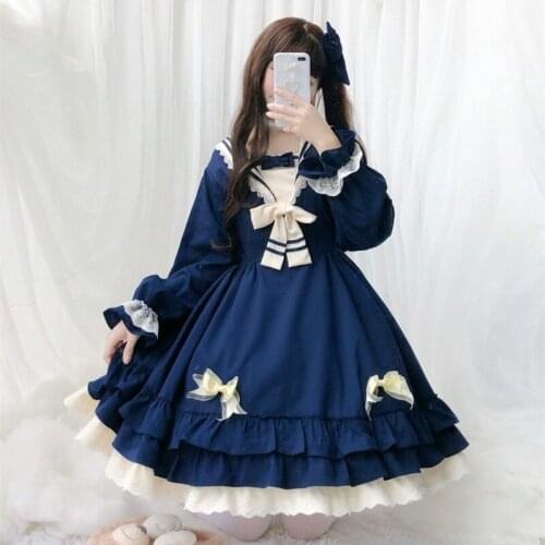 Japanese college style sweet lolita dress vintage lace bowknot high waist victorian dress kawaii girl gothic lolita op loli cos