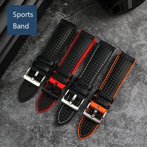 20mm 22mm for Fossil WatchBand Carbon Fibre Rubber Strap for Mido T-issot Stainless Steel Clasp Waterproof Sport Watch Chain