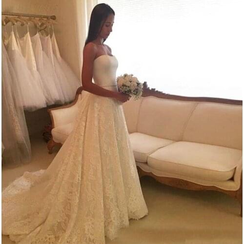 Romantic A Line Wedding Dresses Strapless Country Style Wedding Bridal Gowns Satin Top Tiered Lace Skirt Bow Belt Wedding Gowns