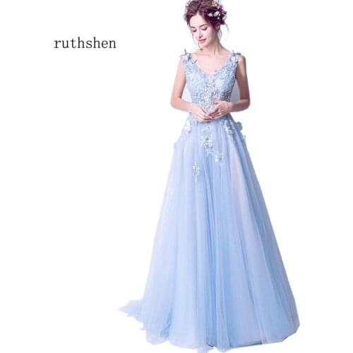 Ruthshen Sexy Prom Dresses 2020 New V-Neck Embroidery Butterfly Long Evening Gowns See Through Light Blue Formal Dress