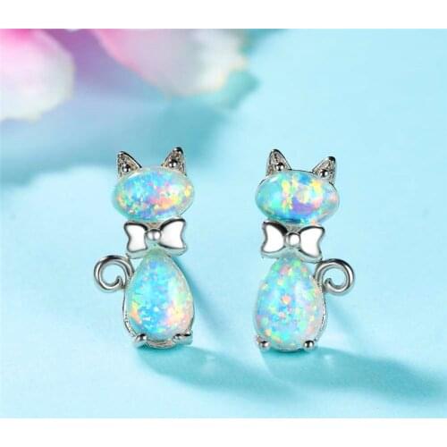 White Fire Opal Cute Small Cat Earrings Vintage Silver Color Bowknot Stud Earrings For Women Animal Jewelry Bride Dainty Earring