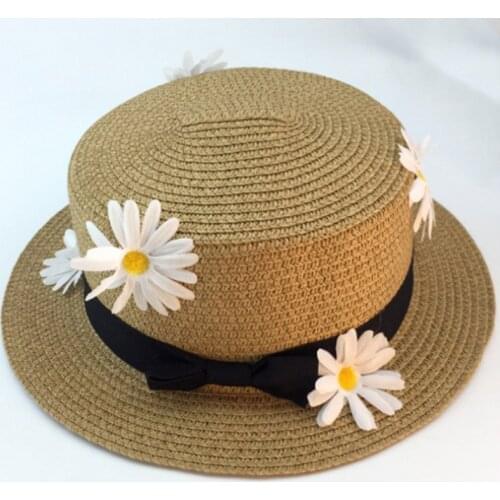 Seioum Parent-child cap Summer Women and child Boater Beach Hat Female Casual Panama Hat Lady Classic Bowknot Straw Flat Sun Hat