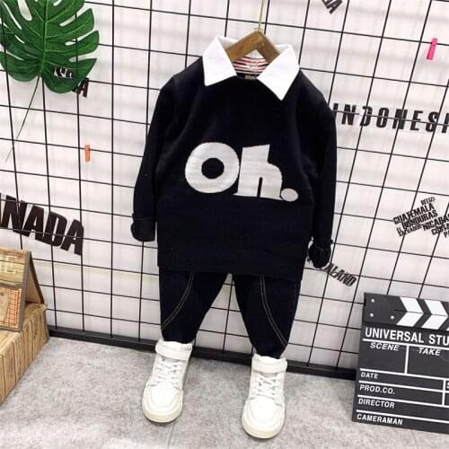 New Kids Clothes Baby Boys Costume Letter Tracksuit Tops Pants Children False collared knit sweater + jeans 2pcs Boys Outfits