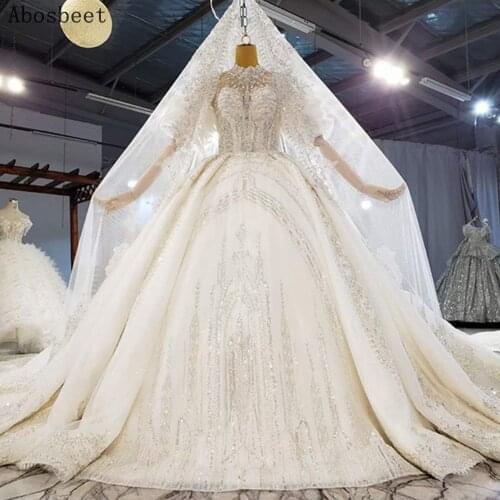Wedding Dress 2021 Plus Size Wedding Gown for Bride Dress High Collar with Cathedral Train Beads Embroidery Short Sleeve