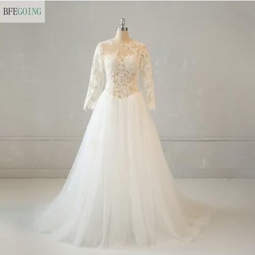 Ivory Tulle Lace Appliques Long Sleeves Floor-length A-line Wedding gown Bridal dress Chapel Train Custom made