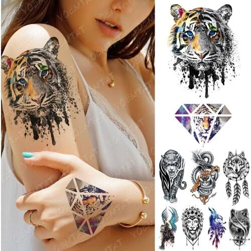 Waterproof Temporary Tattoo Sticker Geometric Tiger Lion Wolf Fox Flash Tattoos Dragon Body Art Arm Fake Sleeve Tatoo Women Men