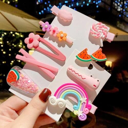 1Set New Girls Cute Cartoon Flower Fruit Geometric Hairpins Sweet Hair Clips Barrettes Headband Kids Fashion Hair Accessories