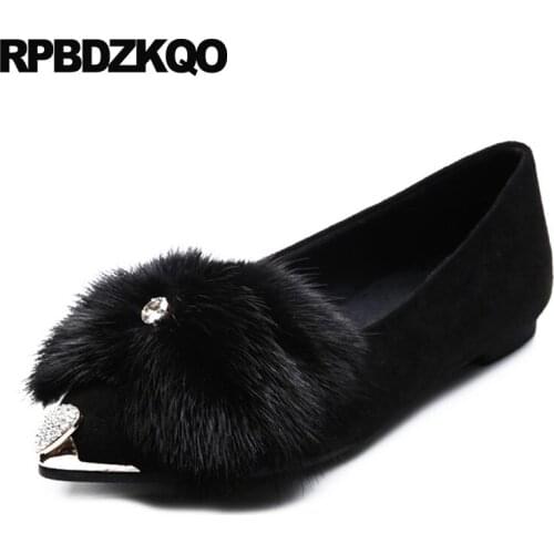 Suede Winter Pointed Toe Metal Black Rhinestone Flats Diamond Designer Shoes Women Luxury 2018 Fur Ladies Crystal China Chinese