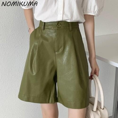 Nomikuma PU Leather Woman Half Pants High Waist Elegant Fashion Bottoms Autumn 2021 New Korean Knee-length Pant Feminima 6Z523