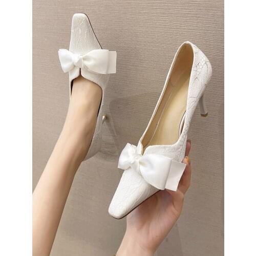 White Elegant Bow Sexy Stiletto Heels Spring And Autumn Hot Sale Fashion Set Foot Square Toe Ladies Single Shoes Wedding Shoes