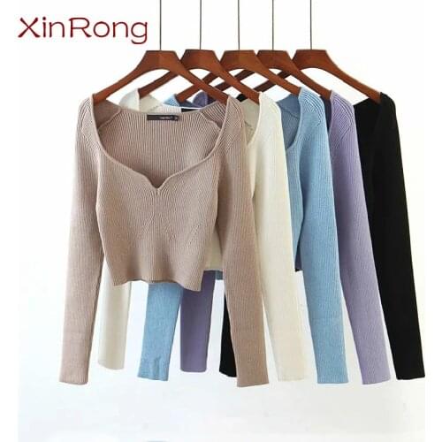 Retro peach heart collar wild sweater women 2021 spring and autumn new European and American solid color long-sleeved short top