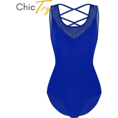 ChicTry Women Sleeveless Mesh Splice Ballet Leotards Adult Solid Color Professional Gymnastics Leotard Bodysuit Stage Dance Wear