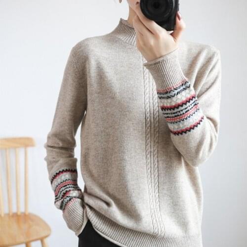 Autumn/Winter New Curled Collar Wool Sweater Womens Cuff Striped Color Matching Large Size Loose Retro Knitted Bottoming Shirt