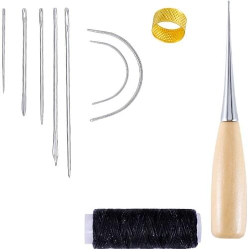 10PCS Hand Leathercraft Tool Set with Needle Leather Waxed Thread Cord Drilling Awl and Thimble for Leather Repair
